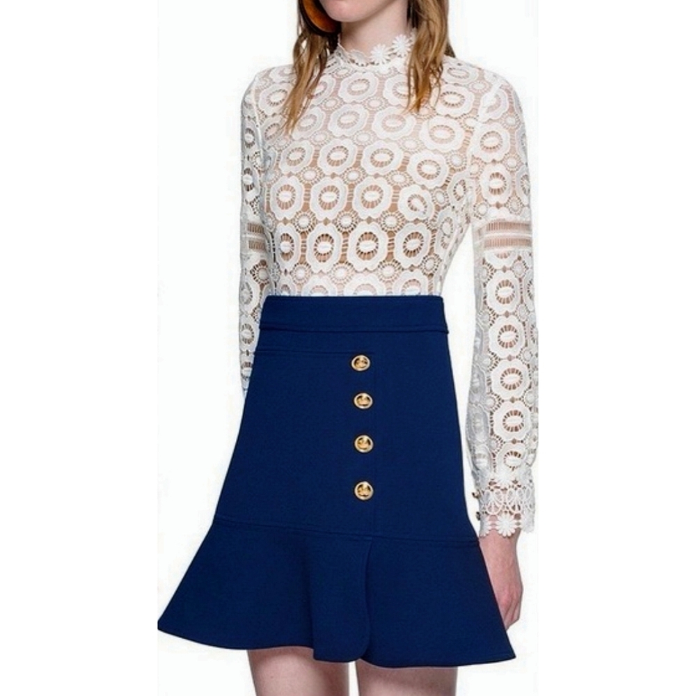 Self-Portrait White Guipure Lace A-Line Mini Dress Sz 2 White Navy Blue